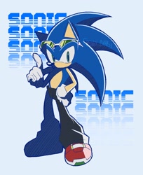 Size: 1673x2048 | Tagged: safe, artist:sonix_chaos, sonic the hedgehog, 2024, alternate outfit, character name, pants, riders style, signature, smile, solo, sonic riders, standing