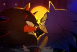 Size: 1882x1290 | Tagged: safe, artist:candyypirate, shadow the hedgehog, sonic the hedgehog, 2024, abstract background, alternate universe, au:dangerous (candyypirate), duo, gay, holding each other, lidded eyes, looking at each other, moon, shadow x sonic, shipping, smile, standing