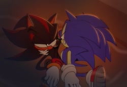 Size: 1882x1290 | Tagged: safe, artist:candyypirate, shadow the hedgehog, sonic the hedgehog, 2024, abstract background, alternate universe, au:dangerous (candyypirate), duo, gay, lidded eyes, looking at each other, shadow x sonic, shipping, smile