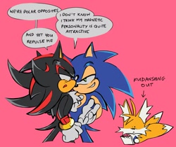 Size: 2048x1717 | Tagged: safe, artist:blingeepilled, miles "tails" prower, shadow the hedgehog, sonic the hedgehog, 2024, dialogue, english text, gay, lidded eyes, looking at each other, notepad, pen, pink background, shadow x sonic, shipping, simple background, speech bubble, standing, trio