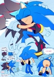 Size: 1448x2048 | Tagged: safe, artist:chaosrice, shadow the hedgehog, sonic the hedgehog, sonic frontiers, 2024, blue background, carrying them, dialogue, duo, english text, gay, holding each other, holding them, shadow x sonic, shipping, simple background, sleeping, sleepy, speech bubble, thought bubble, zzz