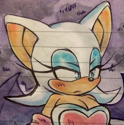 Size: 1526x1541 | Tagged: safe, artist:k_wiwina, rouge the bat, 2024, blushing, frown, lidded eyes, lined paper, looking offscreen, paintwork, solo, traditional media