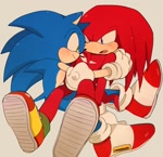 Size: 1558x1507 | Tagged: safe, artist:yuuki_sasami, knuckles the echidna, sonic the hedgehog, 2024, beige background, blushing, duo, gay, holding each other, knuxonic, mouth open, one fang, shipping, simple background, sitting, smile