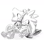 Size: 1280x1280 | Tagged: safe, artist:luminous3190, espio the chameleon, silver the hedgehog, 2024, blushing, cute, duo, espibetes, eyes closed, gay, heart, holding them, kiss on head, monochrome, shipping, silvabetes, silvio, simple background, sitting, sketch, smile, white background