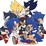 Size: 2023x2048 | Tagged: safe, artist:roastedgarlics2, shadow the hedgehog, sonic the hedgehog, super sonic, sonic prime, blushing, dark form, dark sonic, finger on chin, gay, holding another's arm, king sonic, modern sonic, shadow x sonic, shipping, simple background, sitting, sonic boom (tv), sonic the werehog, super form, were form, werehog, white background