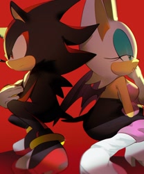 Size: 1280x1541 | Tagged: safe, artist:pachirisus, rouge the bat, shadow the hedgehog, 2024, crouching, duo, frown, looking offscreen, mouth open, red background, simple background