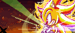 Size: 1152x512 | Tagged: safe, artist:w4hey, sonic the hedgehog, super sonic, 2024, abstract background, looking offscreen, pixel art, smile, solo, sparkles, super form