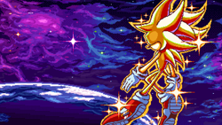 Size: 2048x1152 | Tagged: safe, artist:w4hey, sonic the hedgehog, super sonic, 2024, abstract background, earth, flying, from behind, pixel art, solo, space, sparkles, star (sky), super form