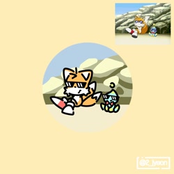 Size: 2000x2000 | Tagged: safe, artist:2_jyeon, miles "tails" prower, chao, 2024, duo, frown, lying back, neutral chao, redraw, reference inset, simple background, sitting, sonic x, stick arms, stick legs, sunglasses, yellow background