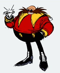 Size: 1683x2048 | Tagged: safe, artist:marcuslarry627, robotnik, human, 2024, classic robotnik, finger snap, grey background, looking offscreen, simple background, smile, solo, standing
