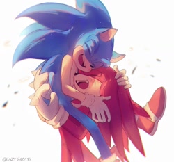 Size: 1500x1400 | Tagged: safe, artist:lazy_kun__, knuckles the echidna, sonic the hedgehog, 2024, blushing, carrying them, cute, duo, eyes closed, gay, holding each other, knucklebetes, knuxonic, leaf, mouth open, shipping, signature, simple background, smile, sonabetes, standing, white background