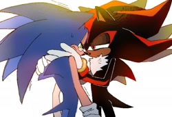 Size: 2048x1398 | Tagged: safe, artist:chaodaycare, shadow the hedgehog, sonic the hedgehog, 2024, comforting, crying, duo, frown, gay, holding them, lidded eyes, looking at them, sad, shadow x sonic, shipping, simple background, standing, tears, tears of happiness, white background