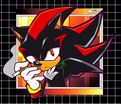 Size: 2048x1768 | Tagged: safe, artist:sunik_8282, shadow the hedgehog, 2024, abstract background, cigarette, frown, holding something, lidded eyes, looking at viewer, signature, smoking, solo