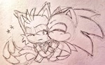 Size: 1024x634 | Tagged: safe, artist:mentassgod, miles "tails" prower, nine, sonic the hedgehog, sonic prime, 2024, cute, duo, eyes closed, gay, holding each other, kiss on cheek, line art, looking at them, nine x sonic, one eye closed, pencilwork, shipping, sketch, sonic x tails, star (symbol), sweatdrop, traditional media