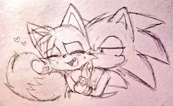 Size: 1024x628 | Tagged: safe, artist:mentassgod, miles "tails" prower, sonic the hedgehog, 2024, cute, duo, eye clipping through hair, eyes closed, gay, heart, holding them, kiss on cheek, lidded eyes, looking at them, mouth open, pencilwork, shipping, sketch, smile, sonic x tails, tailabetes, traditional media