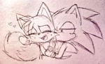 Size: 1024x628 | Tagged: safe, artist:mentassgod, miles "tails" prower, sonic the hedgehog, 2024, cute, duo, eye clipping through hair, eyes closed, gay, heart, holding them, kiss on cheek, lidded eyes, looking at them, mouth open, pencilwork, shipping, sketch, smile, sonic x tails, tailabetes, traditional media
