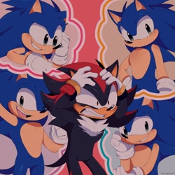 Size: 1280x1280 | Tagged: safe, artist:jingleding0, shadow the hedgehog, sonic the hedgehog, 2024, abstract background, clenched teeth, gay, hands on own head, shadow x sonic, shipping, solo, standing, thinking, thought bubble