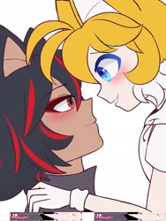 Size: 1536x2048 | Tagged: safe, artist:nekitogame67025, miles "tails" prower, shadow the hedgehog, human, 2024, blushing, duo, gay, hand on another's shoulder, humanized, looking at each other, shadails, shipping, simple background, smile, white background