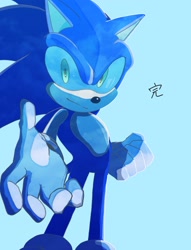 Size: 1378x1800 | Tagged: safe, artist:mhhm48759902, sonic the hedgehog, 2024, blue, blue background, clenched fist, hand out, looking at viewer, signature, simple background, smile, solo, standing