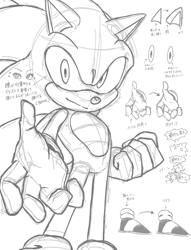 Size: 1378x1800 | Tagged: safe, artist:mhhm48759902, sonic the hedgehog, 2024, alternate version, clenched fist, drawing tutorial, hand out, japanese text, looking at viewer, sketch, smile, solo, tutorial, white background