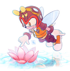 Size: 1227x1243 | Tagged: safe, artist:jkt_sonic, charmy bee, 2024, flower, flying, looking at something, poking, signature, simple background, smile, solo, water, water lily, white background