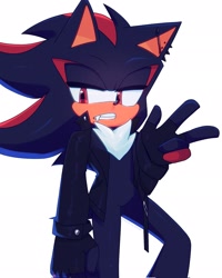 Size: 1638x2048 | Tagged: safe, artist:kazuna_endi, shadow the hedgehog, 2024, alternate outfit, clothes, ear piercing, earring, gloves off, jacket, lidded eyes, looking at viewer, simple background, smile, solo, standing, v sign, white background