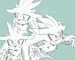 Size: 610x491 | Tagged: safe, artist:tibatuka, silver the hedgehog, 2024, green background, monochrome, signature, simple background, solo