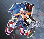 Size: 2048x1820 | Tagged: safe, artist:xchoco_99x, shadow the hedgehog, sonic the hedgehog, 2024, blushing, checkered background, duo, echo background, gay, holding another's waist, holding waist, jogging, lidded eyes, looking at each other, outline, shadow x sonic, shipping, signature, smile
