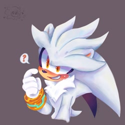 Size: 1378x1378 | Tagged: safe, artist:clouud_cat, silver the hedgehog, 2024, blushing, cute, lineless, looking offscreen, purple background, question mark, simple background, smile, solo