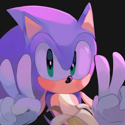 Size: 2000x2000 | Tagged: safe, artist:misurizou_09, sonic the hedgehog, 2024, banana, black background, double v sign, eating, food, looking at viewer, simple background, solo