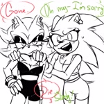 Size: 2024x2024 | Tagged: safe, artist:m3eoweow, shadow the hedgehog, sonic the hedgehog, 2024, cleavage, clothes, crop top, dialogue, duo, ear piercing, earring, english text, eyeshadow, frown, gender swap, hands on another's shoulders, lesbian, lidded eyes, line art, looking at viewer, mouth open, r63 shipping, shadow x sonic, shipping, shorts, simple background, smile, standing, sweatdrop, white background