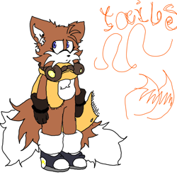 Size: 1000x1000 | Tagged: safe, artist:sonic-enterprise, miles "tails" prower, character name, flat colors, frown, goggles, looking at viewer, scarf, simple background, solo, standing, trans female, transgender, white background