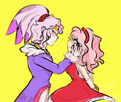 Size: 1200x1013 | Tagged: safe, artist:rykxel, amy rose, blaze the cat, human, 2024, amy x blaze, blushing, duo, hands on another's face, humanized, lesbian, looking at each other, shipping, signature, simple background, smile, standing, yellow background