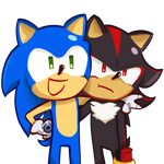 Size: 1000x1000 | Tagged: safe, artist:wikihowhowtoexist, shadow the hedgehog, sonic the hedgehog, sonic prime, 2024, arm around shoulders, duo, frown, gay, hand on another's back, hand on hip, looking offscreen, mouth open, redraw, shadow x sonic, shipping, simple background, smile, sonic prime s3, standing, style emulation, transparent background, v sign