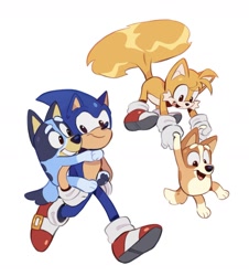 Size: 1304x1443 | Tagged: safe, artist:martar martar, miles "tails" prower, sonic the hedgehog, 2024, bingo (bluey), bluey, carrying them, crossover, flying, group, holding them, riding on back, simple background, spinning tails, white background