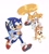 Size: 1304x1443 | Tagged: safe, artist:martar martar, miles "tails" prower, sonic the hedgehog, dog, fox, hedgehog, 2024, bingo (bluey), bluey, bluey heeler, carrying them, crossover, female, flying, group, holding them, male, riding on back, simple background, spinning tails, white background