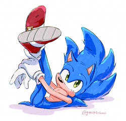 Size: 1485x1429 | Tagged: safe, artist:gunstellations, sonic the hedgehog, 2024, blushing, cute, frown, legs up, looking at viewer, lying down, signature, simple background, solo, white background
