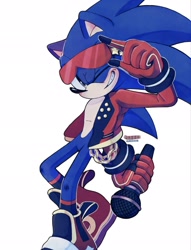 Size: 1567x2048 | Tagged: safe, artist:jazzmm15, sonic the hedgehog, 2024, chain, clothes, holding something, jacket, microphone, rockstar outfit, simple background, smile, solo, standing, sunglasses, white background, wink