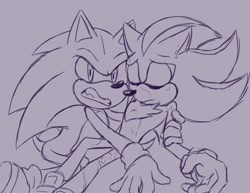 Size: 2015x1553 | Tagged: safe, artist:jeffydust, shadow the hedgehog, sonic the hedgehog, 2024, angry, duo, eyes closed, frown, gay, holding them, injured, line art, looking at viewer, purple background, shadow x sonic, shipping, simple background