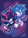 Size: 1487x2048 | Tagged: safe, artist:yansweetz, shadow the hedgehog, sonic the hedgehog, 2024, abstract background, back to back, duo, frown, gay, looking at each other, outline, shadow x sonic, shipping, signature, smile, sparkles