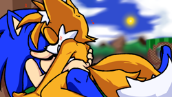 Size: 1920x1080 | Tagged: safe, artist:tankash, miles "tails" prower, sonic the hedgehog, green hill zone, 2023, blushing, duo, eyes closed, gay, gloves off, heart, holding each other, shipping, sleeping, sonic x tails