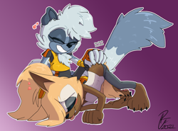 Size: 2038x1509 | Tagged: safe, artist:murrrawr, tangle the lemur, whisper the wolf, all fours, blushing, duo, gradient background, lesbian, outline, scratching, sfx, shipping, signature, smile, tangle x whisper, tongue out