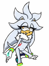 Size: 768x1024 | Tagged: safe, artist:fazzfuck, silver the hedgehog, 2016, featureless breasts, gender swap, lidded eyes, looking offscreen, simple background, smile, standing on one leg, white background