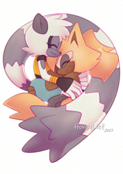 Size: 1190x1684 | Tagged: safe, artist:honeylief, tangle the lemur, whisper the wolf, 2023, cute, duo, eyes closed, holding each other, lesbian, shipping, signature, simple background, smile, tangle x whisper, white background
