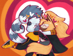 Size: 1333x1025 | Tagged: safe, artist:mothmandibles, tangle the lemur, whisper the wolf, abstract background, cute, duo, eyes closed, heart, holding each other, lesbian, shipping, smile, standing, tangabetes, tangle x whisper, whispabetes