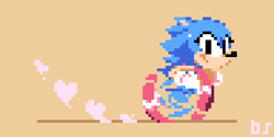 Size: 480x240 | Tagged: safe, artist:bearofsquares, sonic the hedgehog, dust clouds, heart, looking at viewer, pixel art, running, signature, simple background, smile, solo, trans female, transgender, yellow background