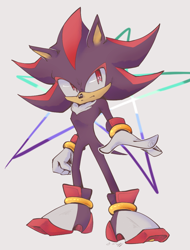 Size: 872x1148 | Tagged: safe, artist:carro-carrot, shadow the hedgehog, frown, gay, grey background, looking offscreen, mlm pride, pride, pride flag, simple background, solo, standing