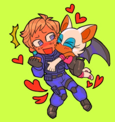Size: 2048x2173 | Tagged: safe, artist:maxkonbo, agent topaz, rouge the bat, human, blushing, cute, duo, eyes closed, heart, holding them, kiss on cheek, lesbian, looking at them, mouth open, rougabetes, roupaz, shipping, smile, topazbetes