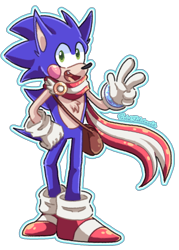 Size: 914x1280 | Tagged: safe, artist:pastelsketches64, sonic the hedgehog, bag, chest fluff, looking at viewer, outline, redesign, scarf, simple background, smile, solo, transparent background, v sign