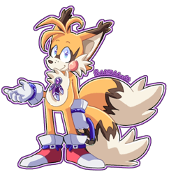 Size: 1240x1280 | Tagged: safe, artist:pastelsketches64, miles "tails" prower, holding something, looking at viewer, outline, redesign, rhythm badge, signature, simple background, smile, solo, standing, transparent background
